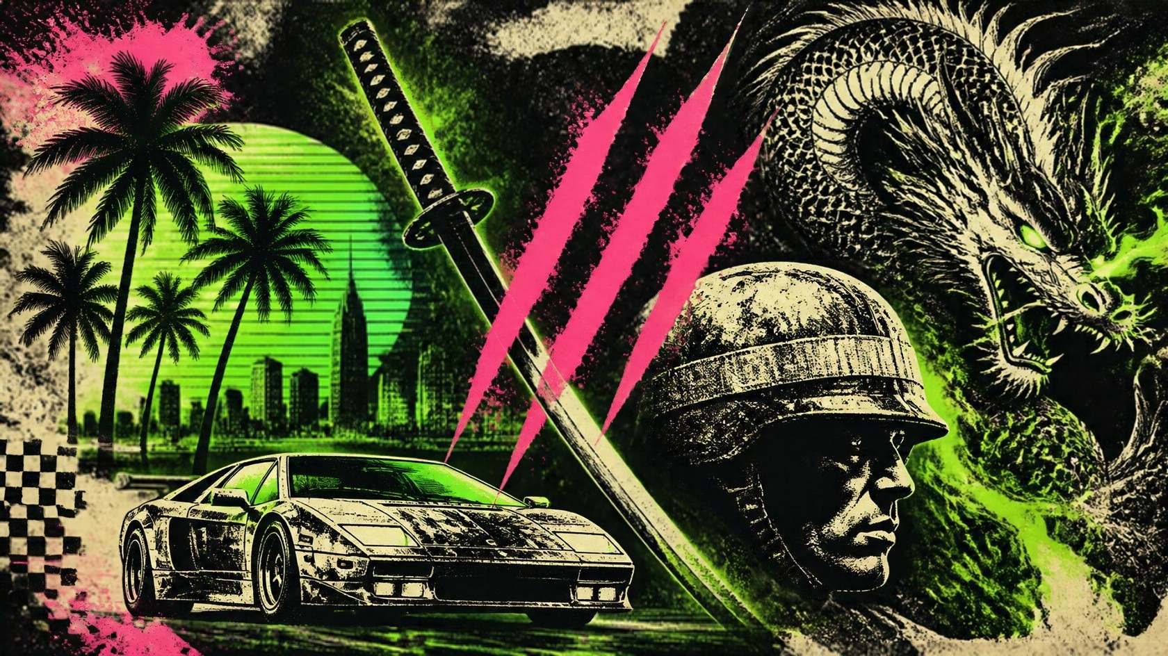 Festival-poster collage of palm trees, a katana, claw marks, a sports car and a dragon