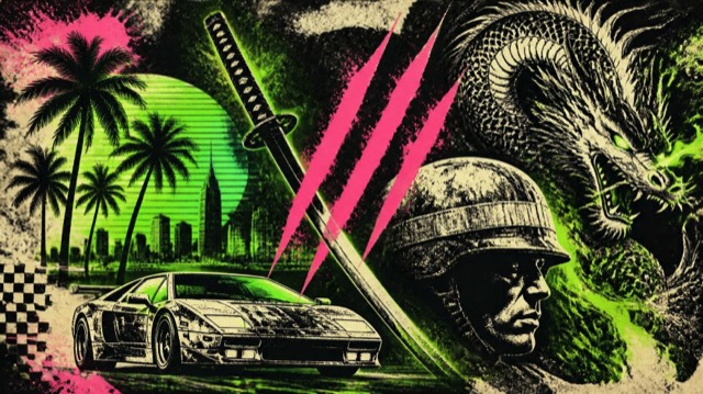 Festival-poster collage of palm trees, a katana, claw marks, a sports car and a dragon