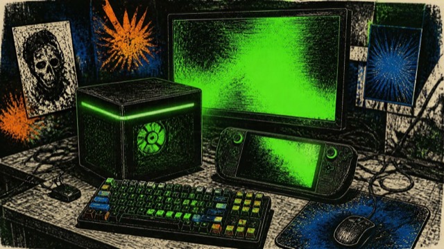 Illustration of a cube gaming PC, a handheld PC and a keyboard on a cluttered desk
