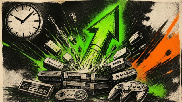 Illustration of a jagged arrow rocketing up through a stack of consoles and controllers