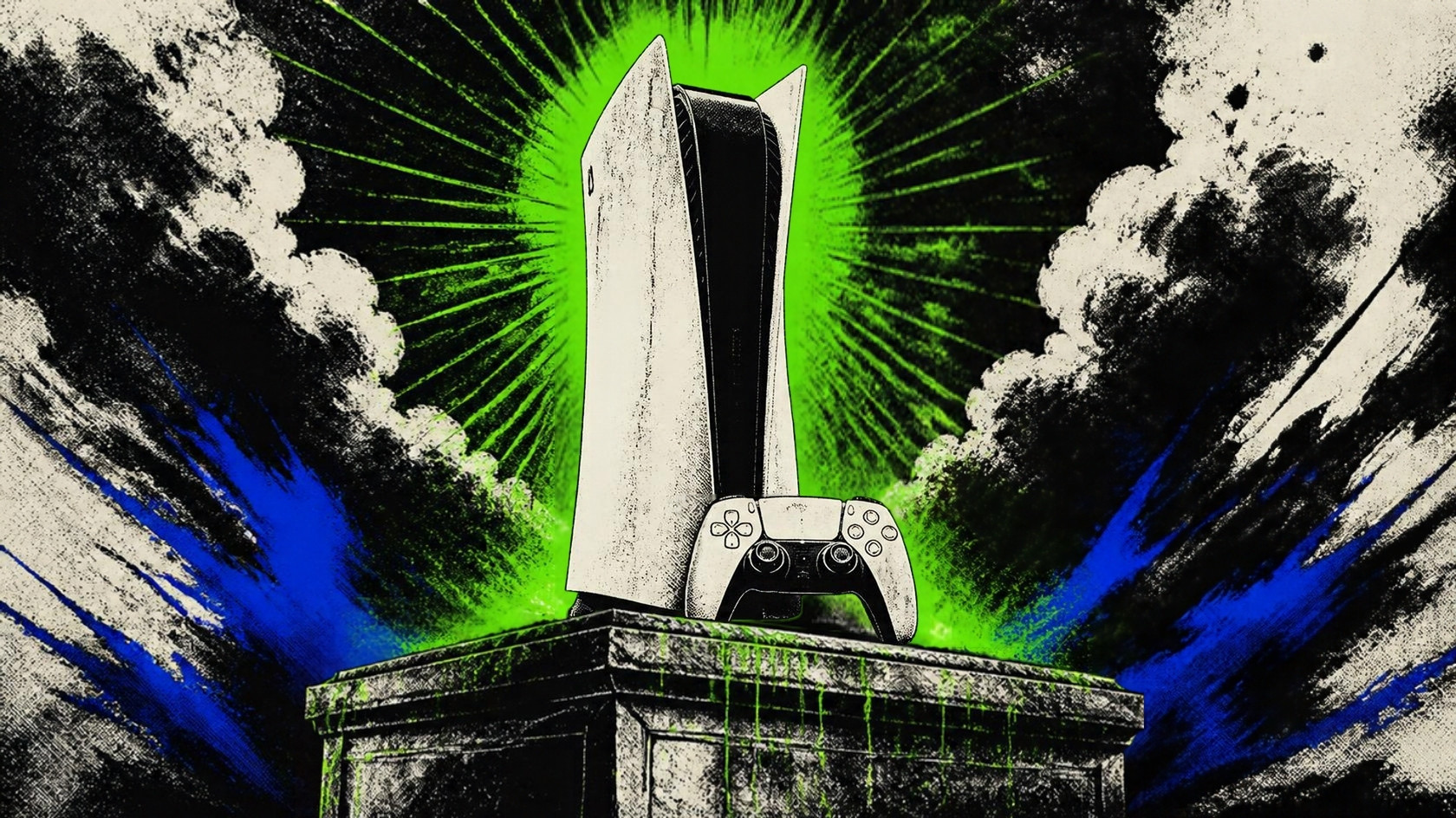 Illustration of a white two-tone console tower on a stone pedestal with a gamepad