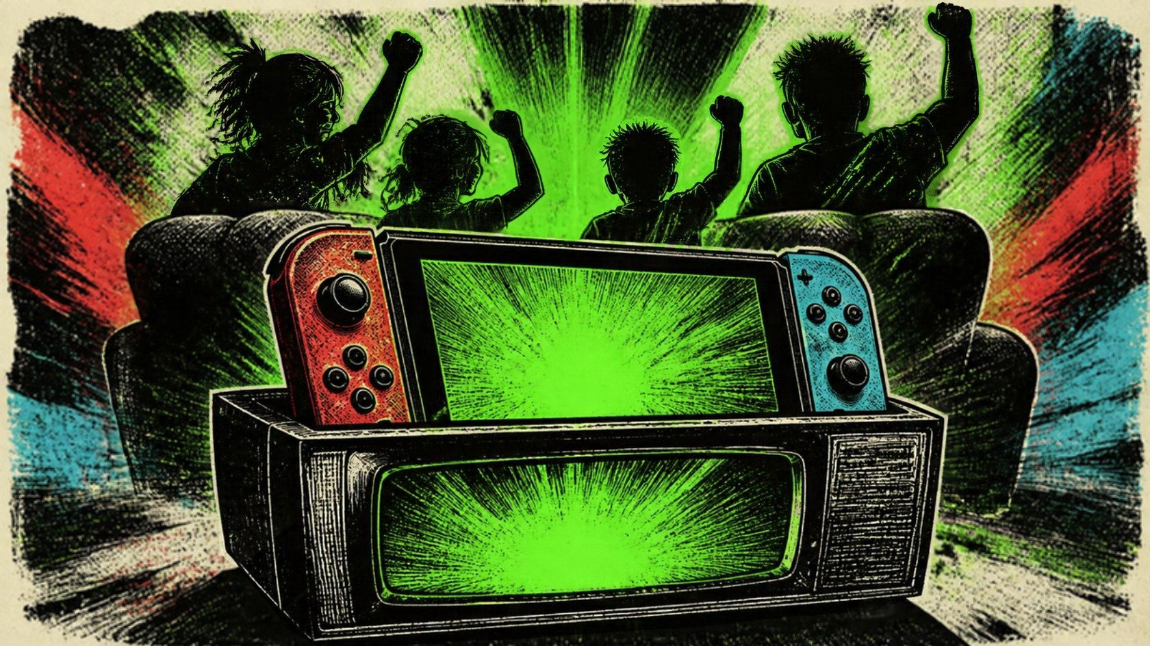 Illustration of a hybrid handheld console in its dock with a cheering family behind it