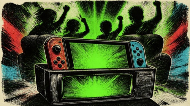 Illustration of a hybrid handheld console in its dock with a cheering family behind it