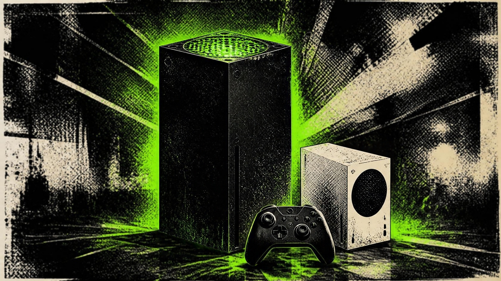 Illustration of a black tower console beside a small white console