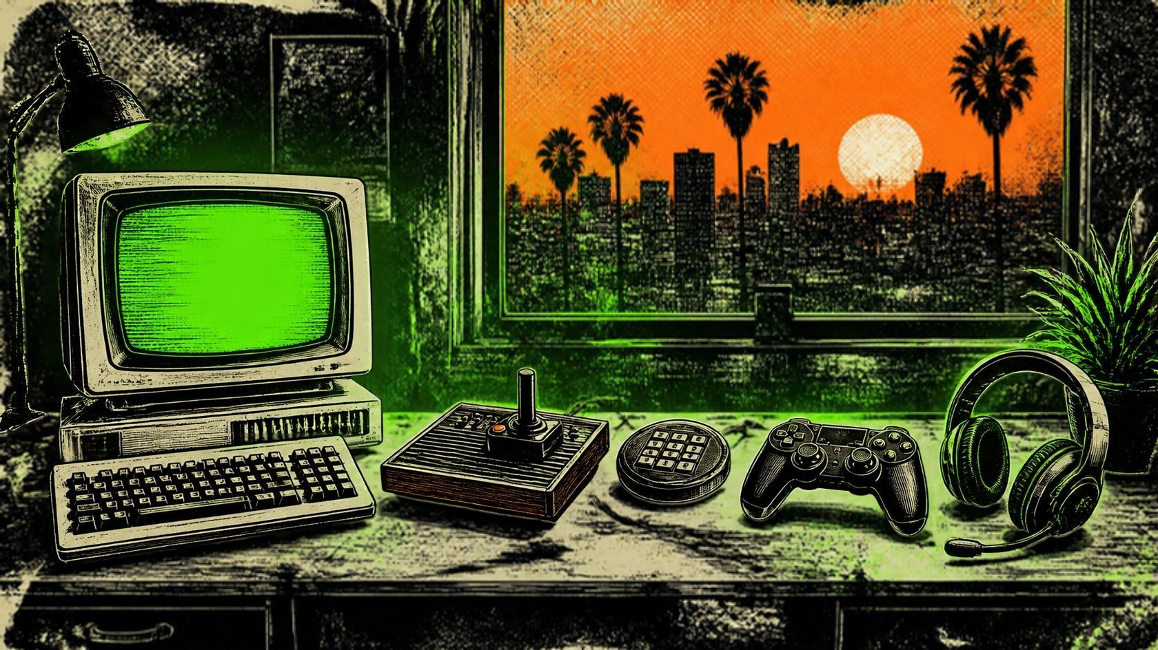 Punk woodcut-style illustration of a desk lined with gaming gear from an early home computer and a wood-grain console to a modern gamepad, with Los Angeles palm trees at sunset outside the window