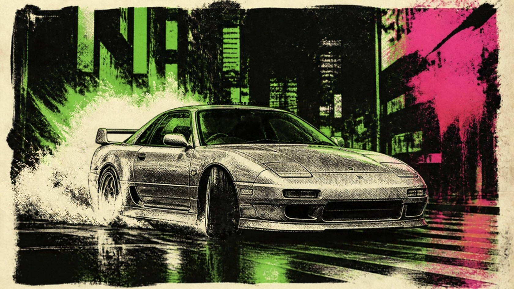 Screen-printed illustration of a silver sports car drifting through a rain-soaked neon city street at night