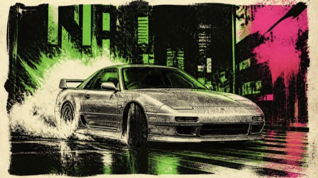 Screen-printed illustration of a silver sports car drifting through a rain-soaked neon city street at night