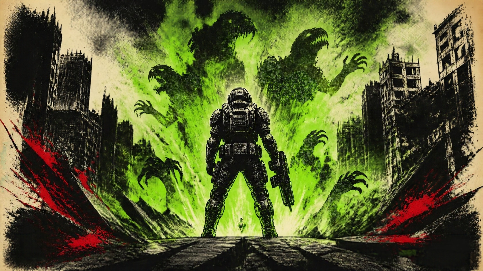 Illustration of an armored soldier in a ruined city as the ground cracks open with glowing monsters below