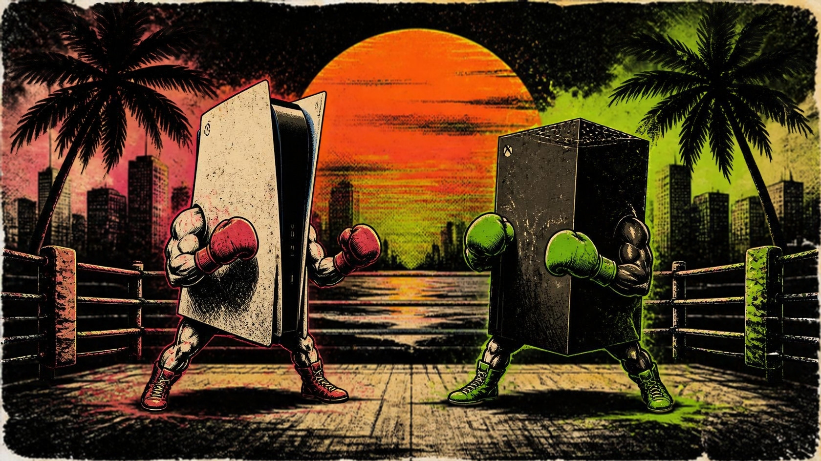 Illustration of two game consoles squaring off like boxers under a neon sunset with palm trees