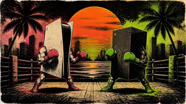 Illustration of two game consoles squaring off like boxers under a neon sunset with palm trees