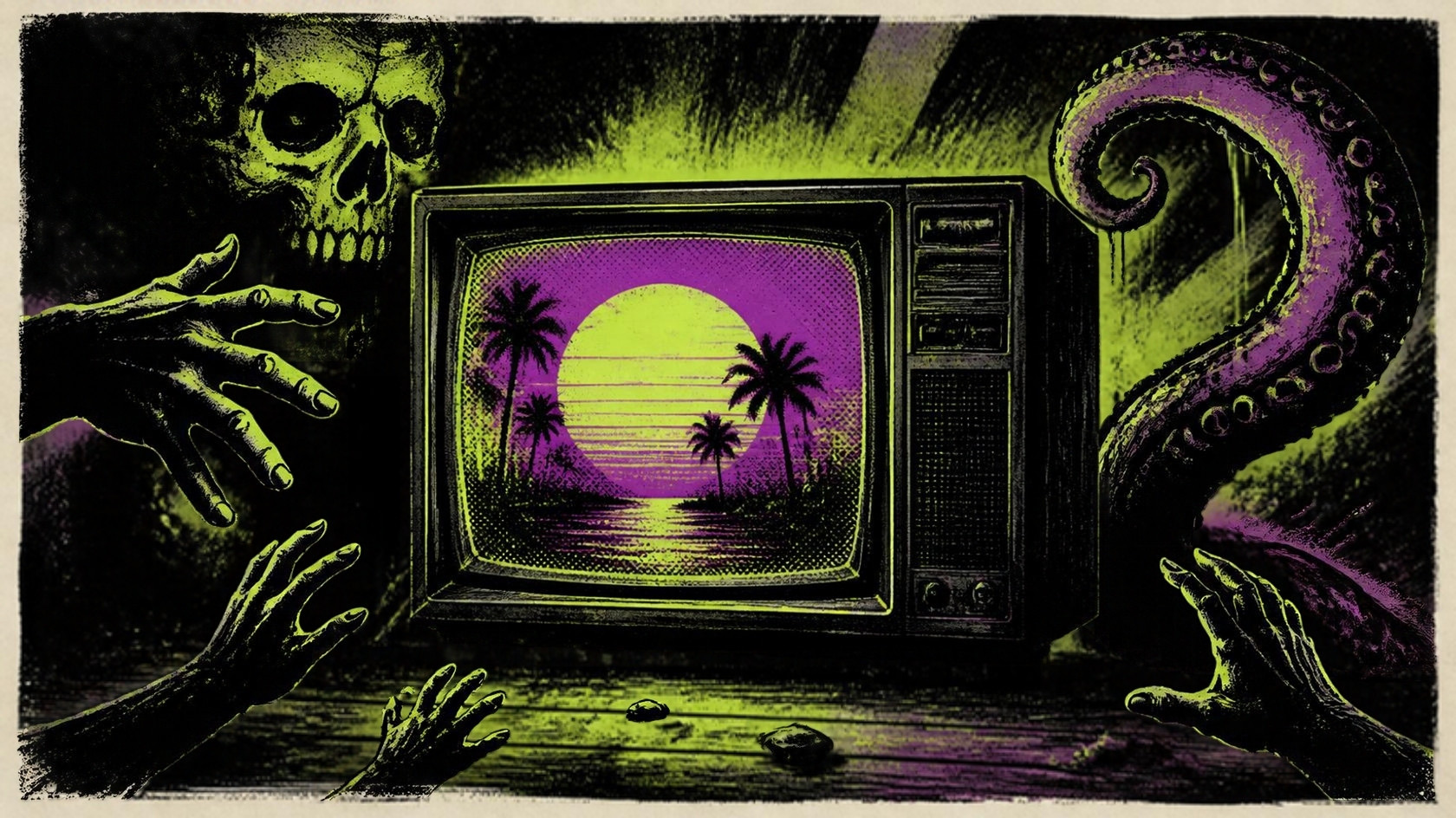 Illustration of an old TV showing a neon palm-tree sunset while horror shapes creep in from the dark