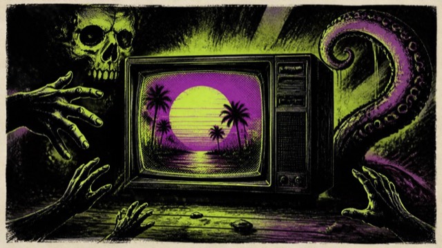 Illustration of an old TV showing a neon palm-tree sunset while horror shapes creep in from the dark