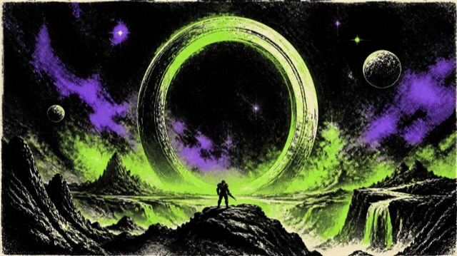 Illustration of a ring world over an alien landscape