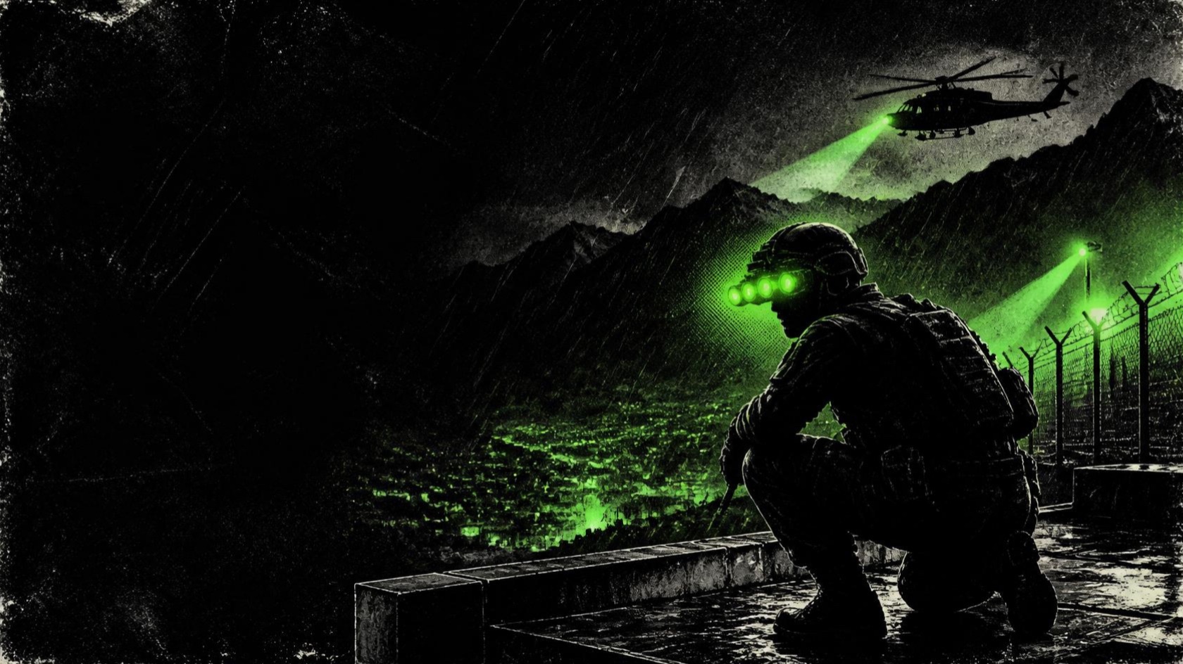 Screen-printed illustration of a soldier in glowing green night-vision goggles crouched on a rain-soaked rooftop above a border fence as a helicopter sweeps the mountains