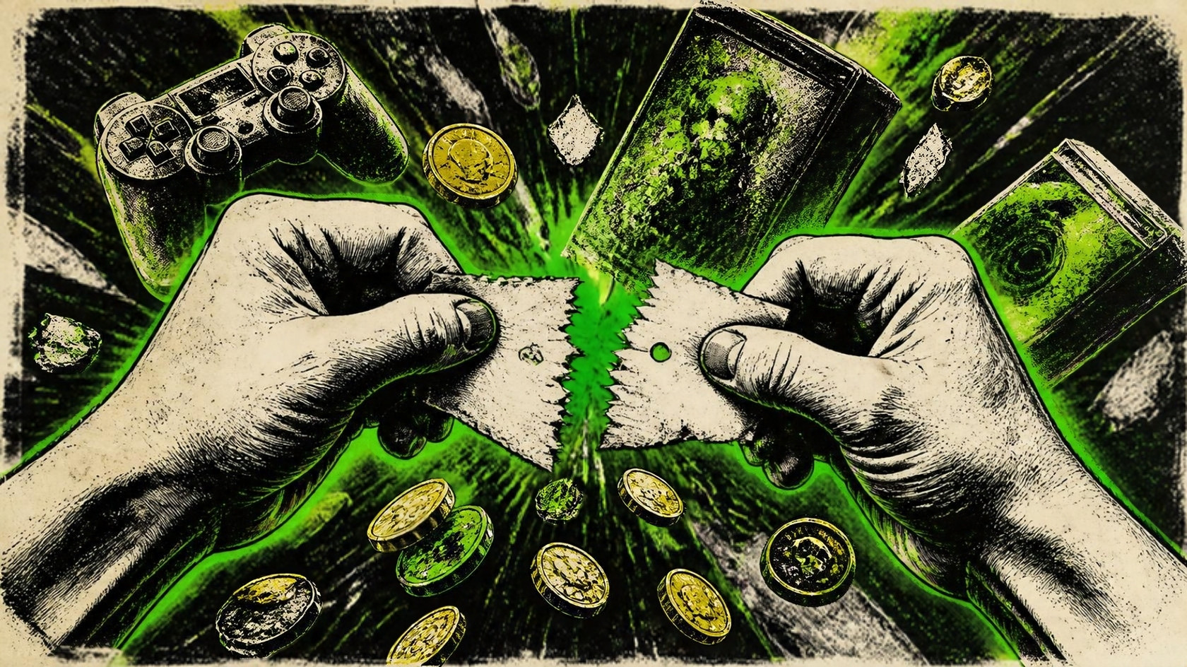 Illustration of two fists ripping a price tag in half as coins fly