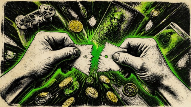 Illustration of two fists ripping a price tag in half as coins fly