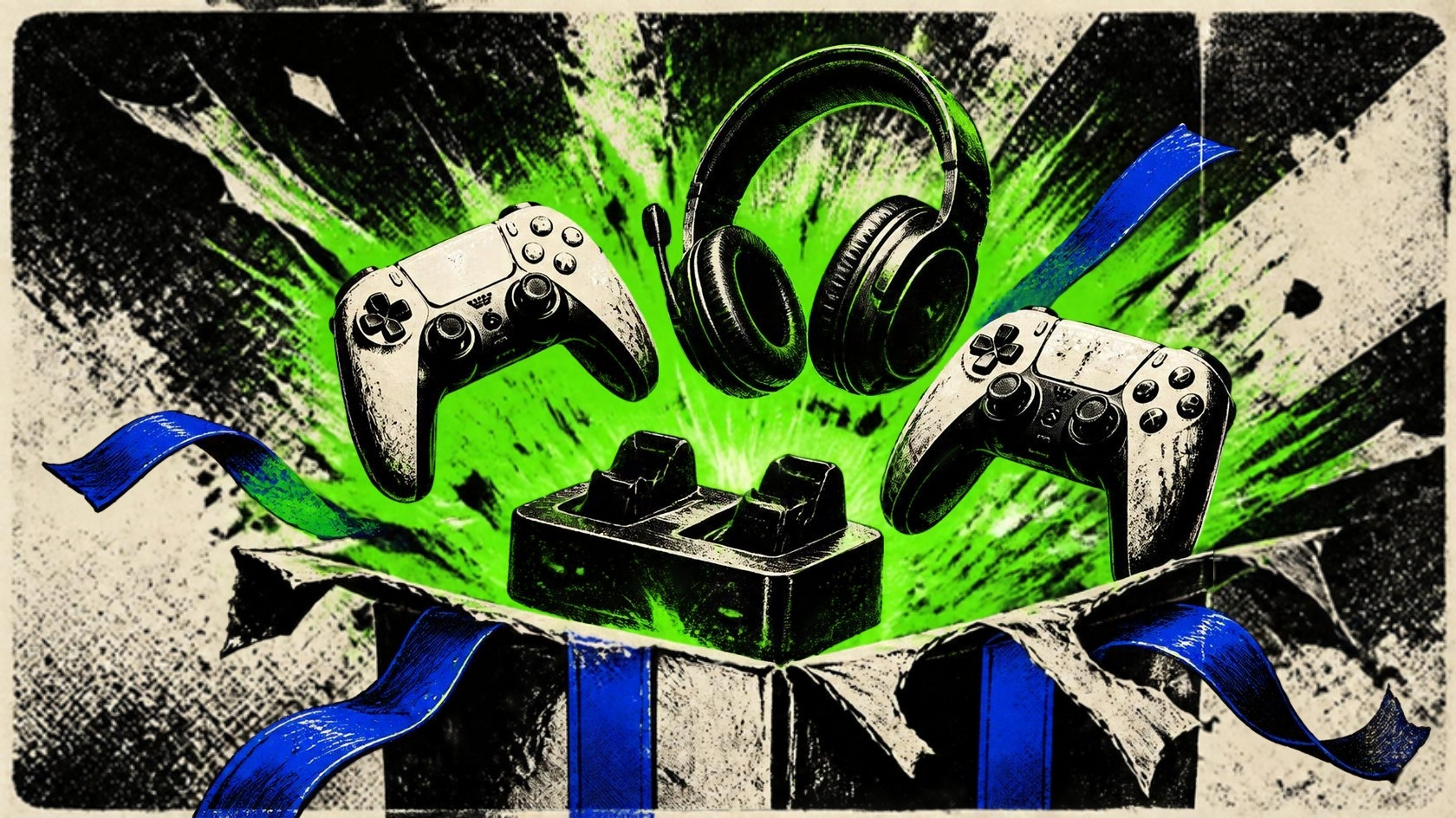 Illustration of controllers, a headset and a charging dock exploding out of a gift box
