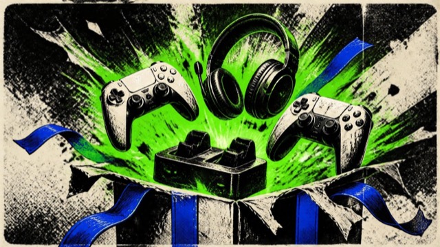 Illustration of controllers, a headset and a charging dock exploding out of a gift box