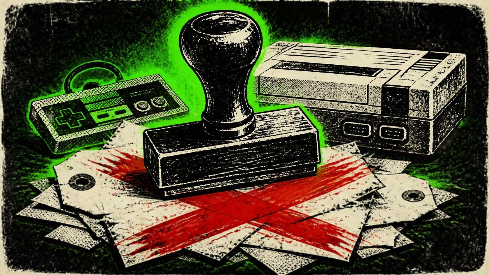 Illustration of a rubber stamp slamming a red X onto torn price tags