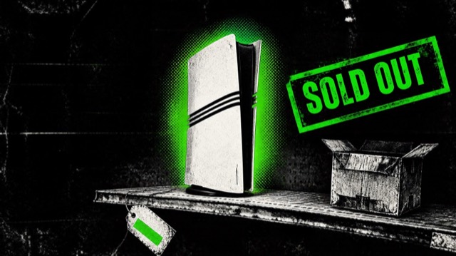 Punk woodcut-style illustration of a PS5 Pro on an empty store shelf with a SOLD OUT stamp