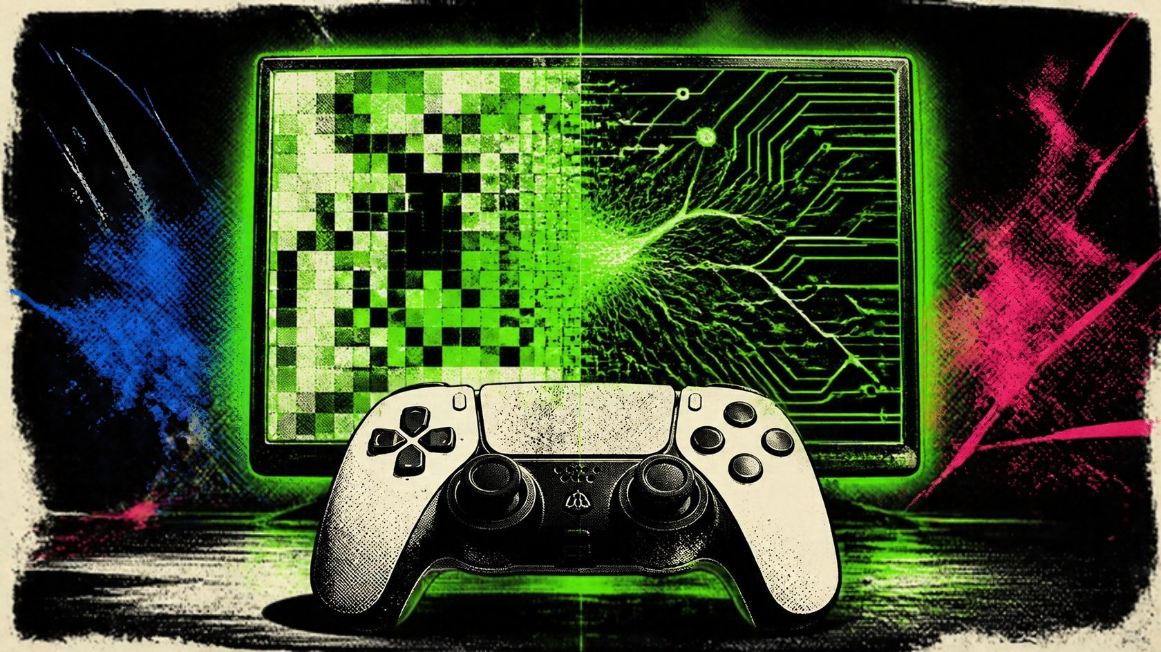 Illustration of a game controller in front of a screen split between blocky pixels and sharp detail