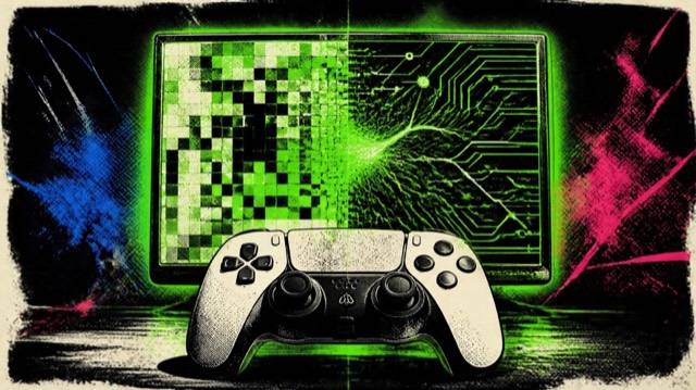 Illustration of a game controller in front of a screen split between blocky pixels and sharp detail