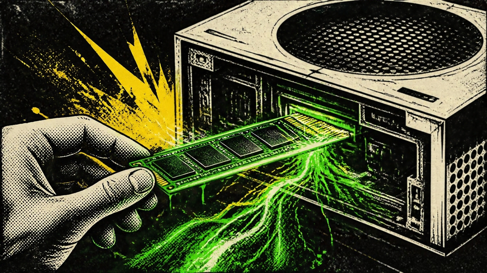 Illustration of a glowing M.2 SSD being slotted into a game console with sparks of data