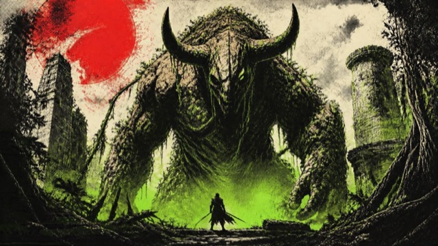 Illustration of a giant stone beast looming over a wanderer