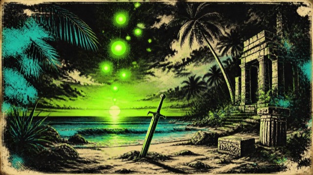 Illustration of a tropical beach at sunset with glowing spheres rising