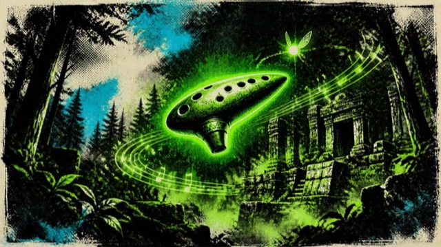 Illustration of a glowing ocarina over a misty forest temple