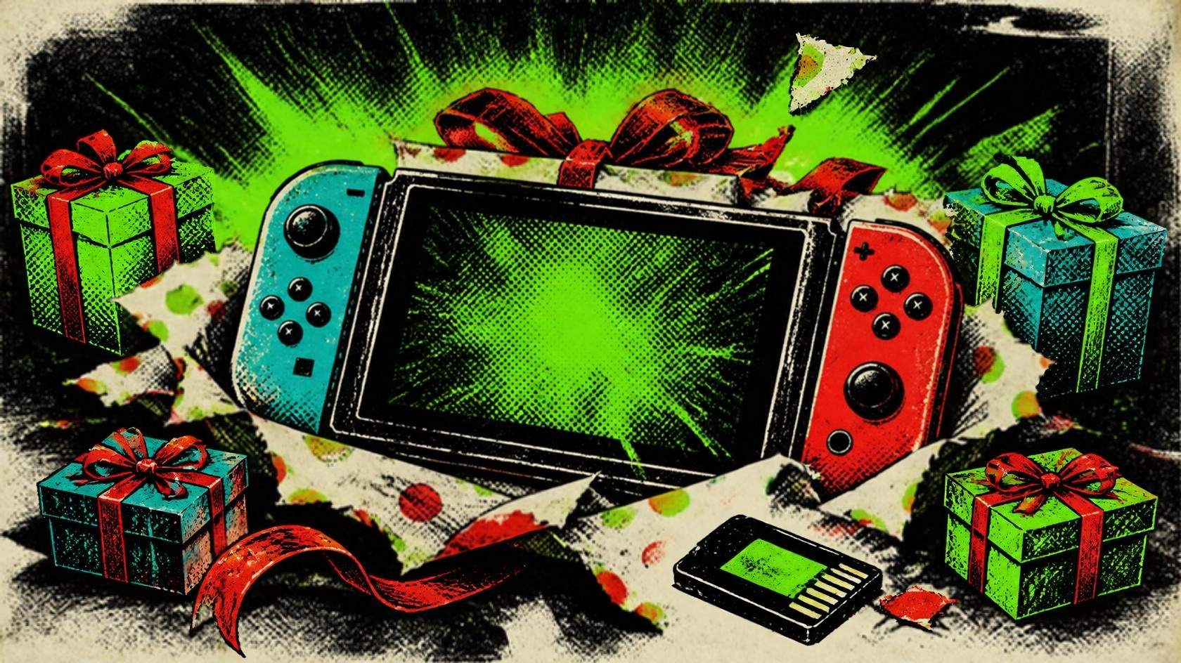 Punk poster illustration of a hybrid handheld console bursting out of torn gift wrap