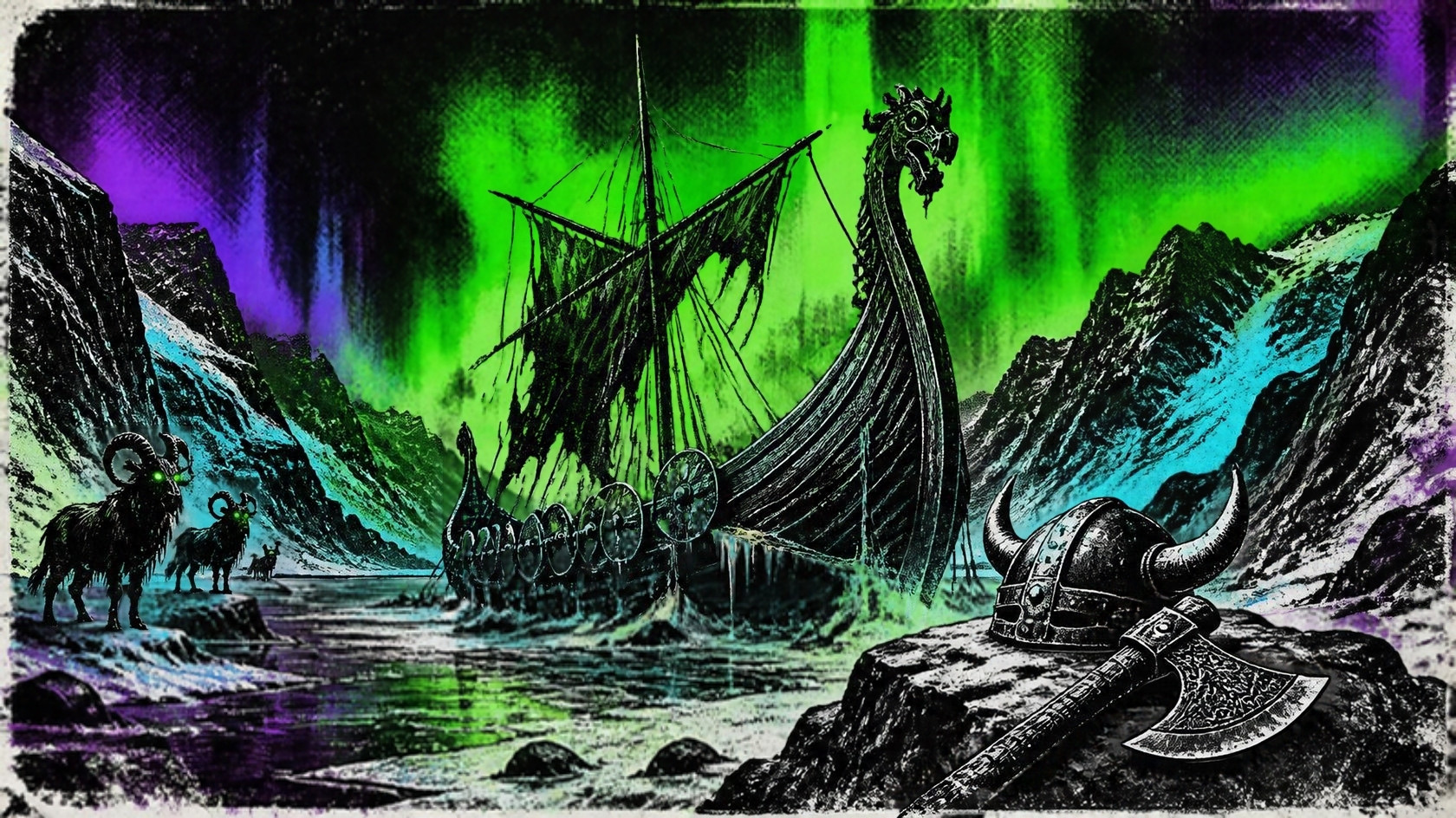 Woodcut-style illustration of a Viking longship in a frozen fjord under an aurora