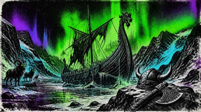 Illustration of a Viking longship under an aurora