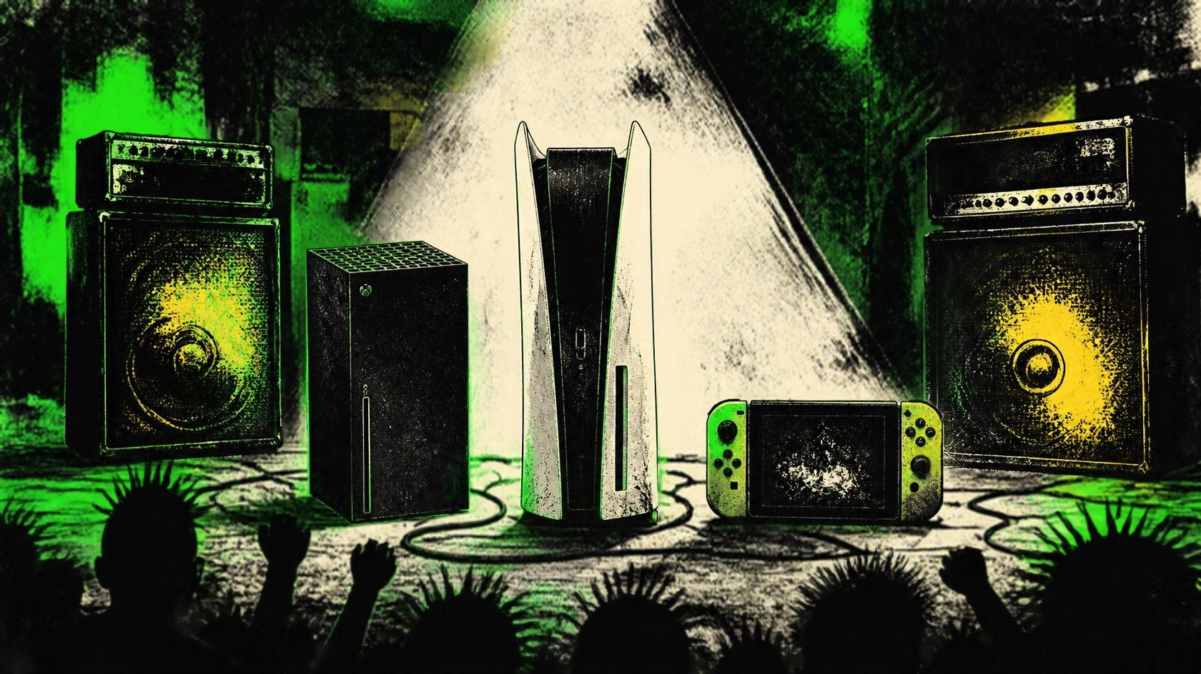 Illustration of three game consoles lined up on a club stage like a punk band