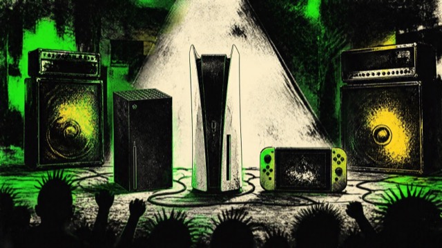 Illustration of three game consoles lined up on a club stage like a punk band