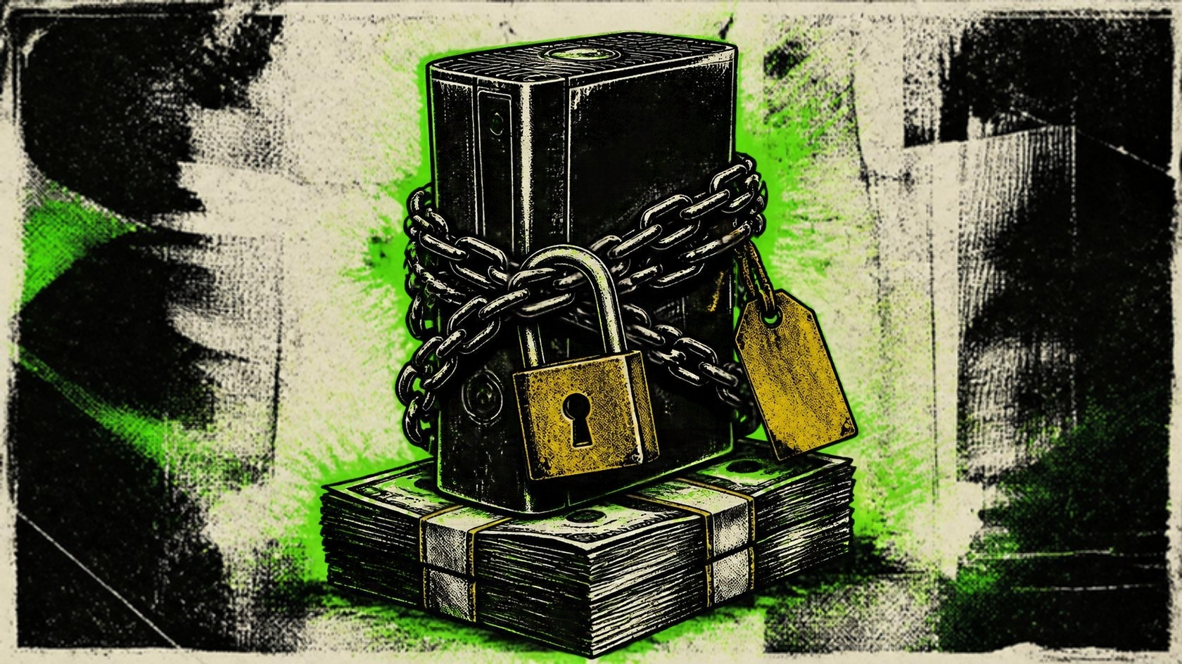 Illustration of a black tower console wrapped in chains and a padlock on a stack of cash