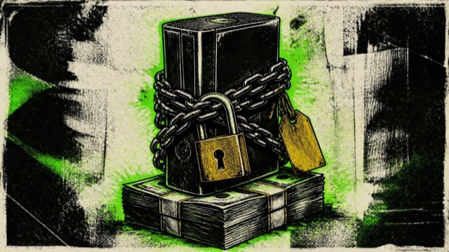 Illustration of a black tower console wrapped in chains and a padlock on a stack of cash