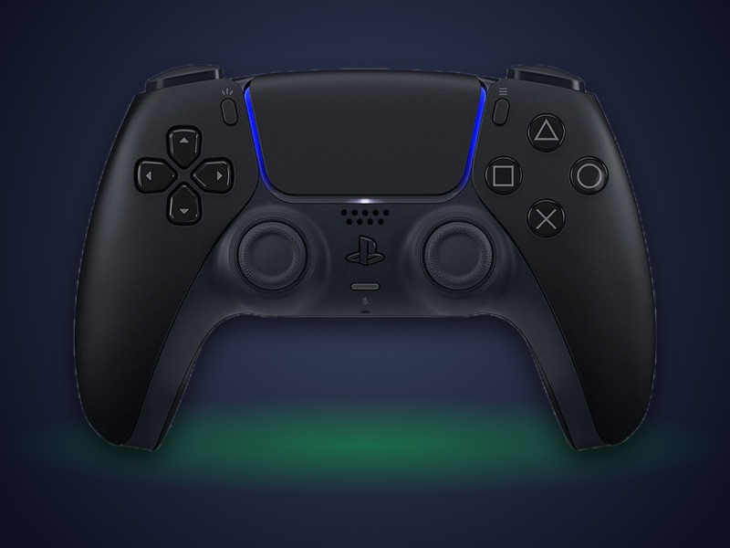Front view of a black PlayStation DualSense wireless controller